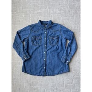 Wrangler Retro Pearl Snap Western Shirt Womens Long Sleeve Denim Cowboy Rodeo